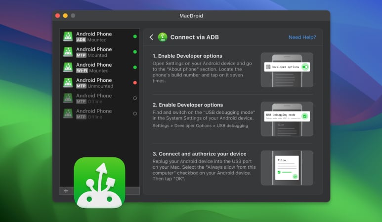 You can connect your Android to Mac and transfer files easily using MacDroid.