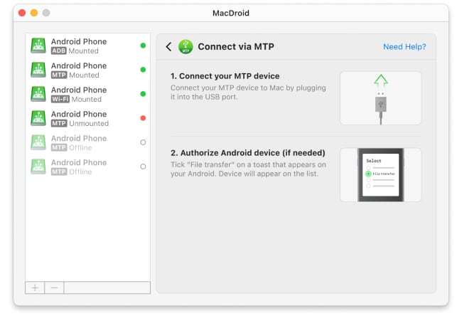  Open MacDroid and select the MTP mode 